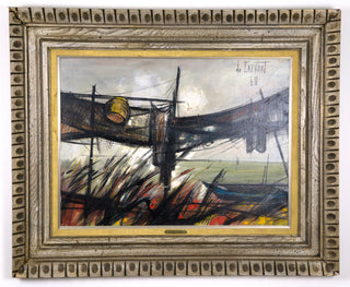 “La Lagune (Venise),” Régis Bouvier de Cachard, 1960.   Artist: Régis Bouvier de Cachard Date: 1960 Medium: oil Dimensions: 34.5"h x 42"w Format: in custom frame created by the artist. Available at fonfrege.com  Price upon request.