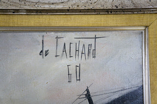 “La Lagune (Venise),” Régis Bouvier de Cachard, 1960.   Artist: Régis Bouvier de Cachard Date: 1960 Medium: oil Dimensions: 34.5"h x 42"w Format: in custom frame created by the artist. Available at fonfrege.com  Price upon request.