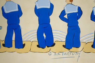 “Sailors Relieving Themselves,” George de Vertury. 1950.  Artist: George de Vertury Date: circa 1950s, possibly earlier Medium: watercolour and gouache Dimensions: 7.5" X 21.5"(print) 10”x22” (with frame) Format: reframed and matted. Available at fonfrege.com