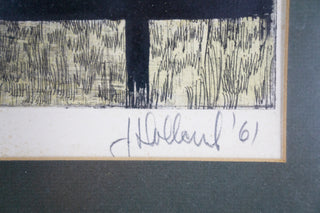 “New Bird,” artist unknown. 1960  Artist: signed, but illegible Date: circa 1960 Medium: etching, signed and numbered 4/20 Dimensions: approx. 18”x16” (print) 26”x24” (in frame) Format: Framed and matted. Can be removed from frame upon request. Available at fonfrege.com