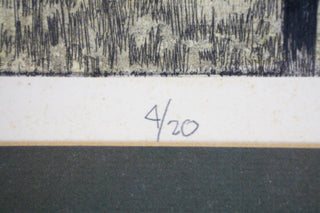 “New Bird,” artist unknown. 1960  Artist: signed, but illegible Date: circa 1960 Medium: etching, signed and numbered 4/20 Dimensions: approx. 18”x16” (print) 26”x24” (in frame) Format: Framed and matted. Can be removed from frame upon request. Available at fonfrege.com