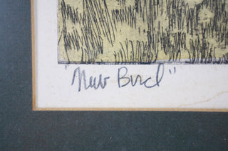 “New Bird,” artist unknown. 1960  Artist: signed, but illegible Date: circa 1960 Medium: etching, signed and numbered 4/20 Dimensions: approx. 18”x16” (print) 26”x24” (in frame) Format: Framed and matted. Can be removed from frame upon request. Available at fonfrege.com