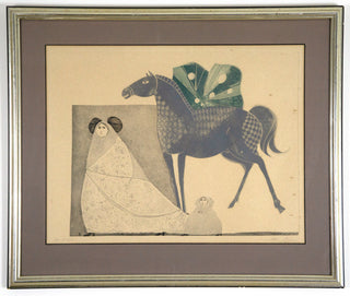 “La Novia,” Letitia Tarrago. 1960  Artist: Letitia Tarrago  Period: 1960s Medium: color aquatint, signed and numbered 34/100 Dimensions: 19”x23 ½” (print) 26”x22” (framed) Format: In original frame  Condition note: Good; minor paper yellowing due to age. Available at fonfrege.com
