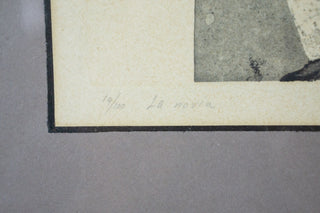 “La Novia,” Letitia Tarrago. 1960  Artist: Letitia Tarrago  Period: 1960s Medium: color aquatint, signed and numbered 34/100 Dimensions: 19”x23 ½” (print) 26”x22” (framed) Format: In original frame  Condition note: Good; minor paper yellowing due to age. Available at fonfrege.com