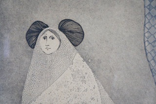 “La Novia,” Letitia Tarrago. 1960  Artist: Letitia Tarrago  Period: 1960s Medium: color aquatint, signed and numbered 34/100 Dimensions: 19”x23 ½” (print) 26”x22” (framed) Format: In original frame  Condition note: Good; minor paper yellowing due to age. Available at fonfrege.com