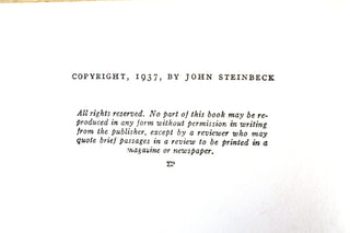 Of Mice and Men, John Steinbeck. P.F. Collier and Sons, 1937. First book club edition. Available at fonfrege.com