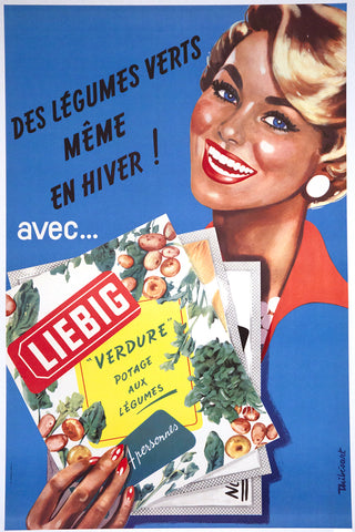 “Liebig” Advertising Poster, 1950  Artist: Thiebésart Date: Circa 1950 Medium: Silkscreen Dimensions: 31 1/2 x 46 1/2 inches Format: original poster (not a reprint). Unframed. Condition: Immaculate. Professionally linen-backed. Available at fonfrege.com
