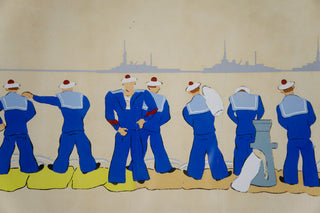 “Sailors Relieving Themselves,” George de Vertury. 1950.  Artist: George de Vertury Date: circa 1950s, possibly earlier Medium: watercolour and gouache Dimensions: 7.5" X 21.5"(print) 10”x22” (with frame) Format: reframed and matted. Available at fonfrege.com