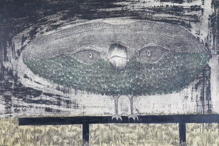 “New Bird,” artist unknown. 1960  Artist: signed, but illegible Date: circa 1960 Medium: etching, signed and numbered 4/20 Dimensions: approx. 18”x16” (print) 26”x24” (in frame) Format: Framed and matted. Can be removed from frame upon request. Available at fonfrege.com